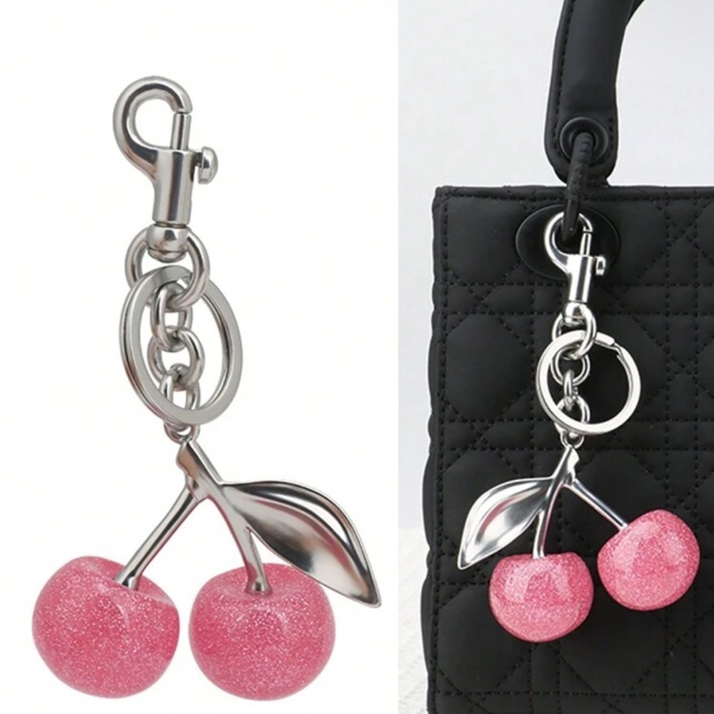 Sparkling Pink Cherry Bag Charm Keychain with silver hardware NWT - Picture 3 of 4